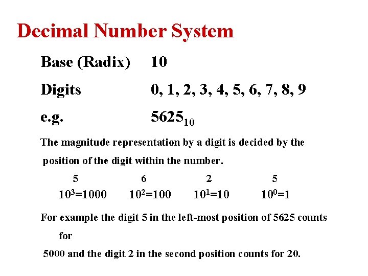 Decimal Number System Base (Radix) 10 Digits 0, 1, 2, 3, 4, 5, 6, Decimal Number System Base (Radix) 10 Digits 0, 1, 2, 3, 4, 5, 6,