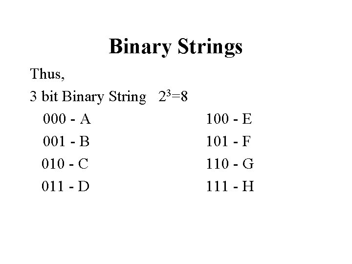 Binary Strings Thus, 3 bit Binary String 23=8 000 - A 001 - B Binary Strings Thus, 3 bit Binary String 23=8 000 - A 001 - B