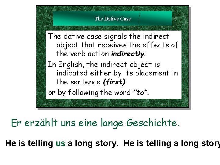 The Dative Case The dative case signals the indirect object that receives the effects