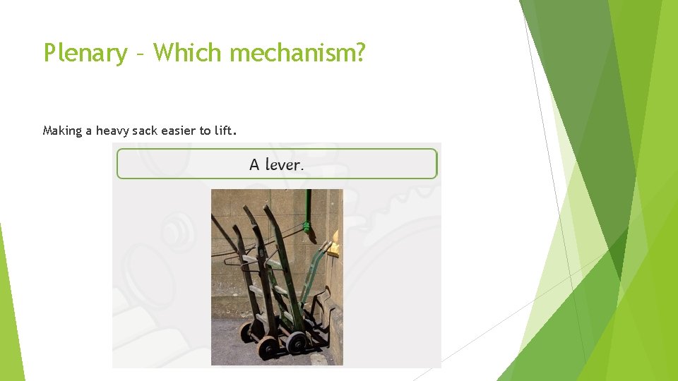 Plenary – Which mechanism? Making a heavy sack easier to lift. 