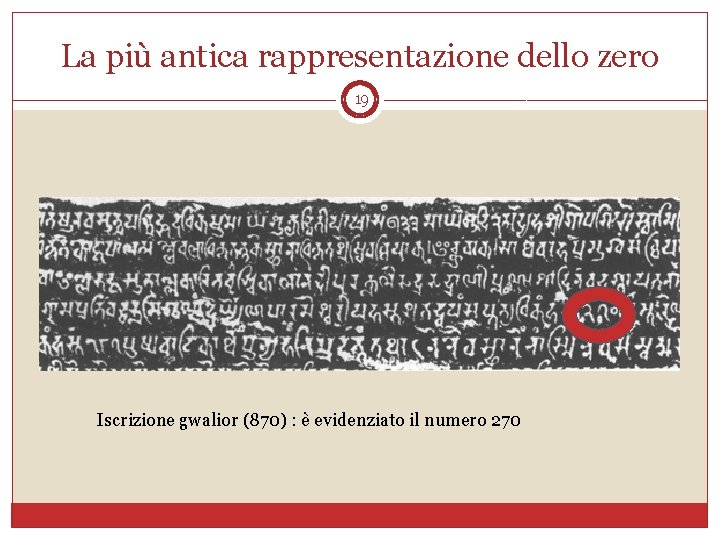 La più antica rappresentazione dello zero 19 Iscrizione gwalior (870) : è evidenziato il