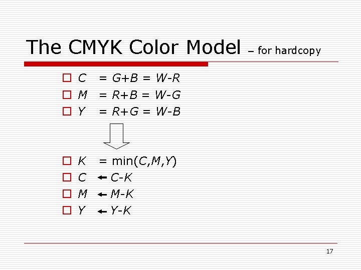 The CMYK Color Model – for hardcopy o C = G+B = W-R o