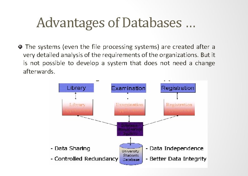 Advantages of Databases … The systems (even the file processing systems) are created after