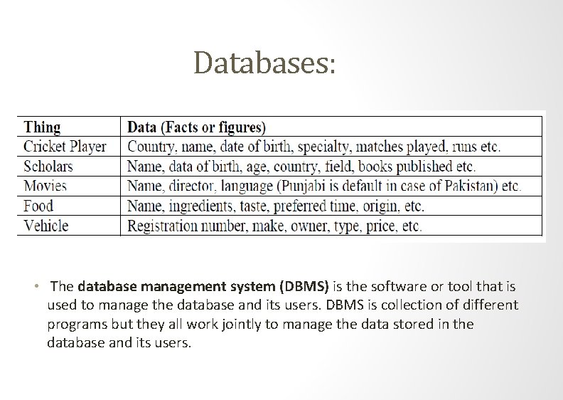 Databases: • The database management system (DBMS) is the software or tool that is