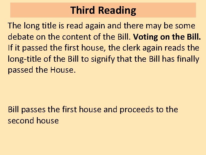 Third Reading The long title is read again and there may be some debate