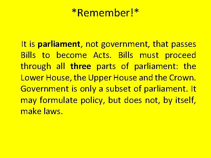 *Remember!* It is parliament, not government, that passes Bills to become Acts. Bills must