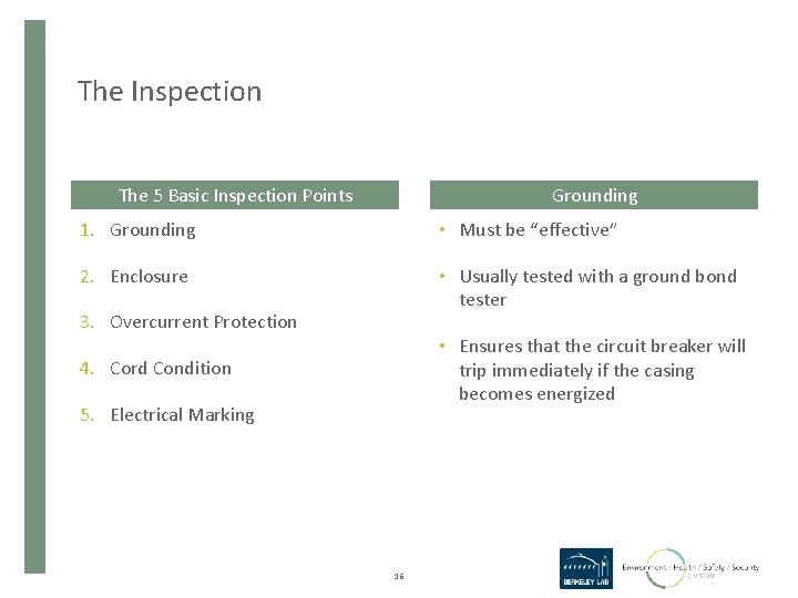 The Inspection The 5 Basic Inspection Points Grounding 1. Grounding • Must be “effective”