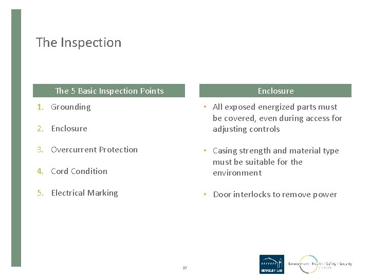 The Inspection The 5 Basic Inspection Points Enclosure 1. Grounding • All exposed energized