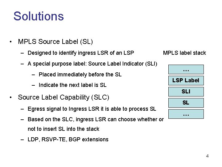 Solutions • MPLS Source Label (SL) – Designed to identify ingress LSR of an