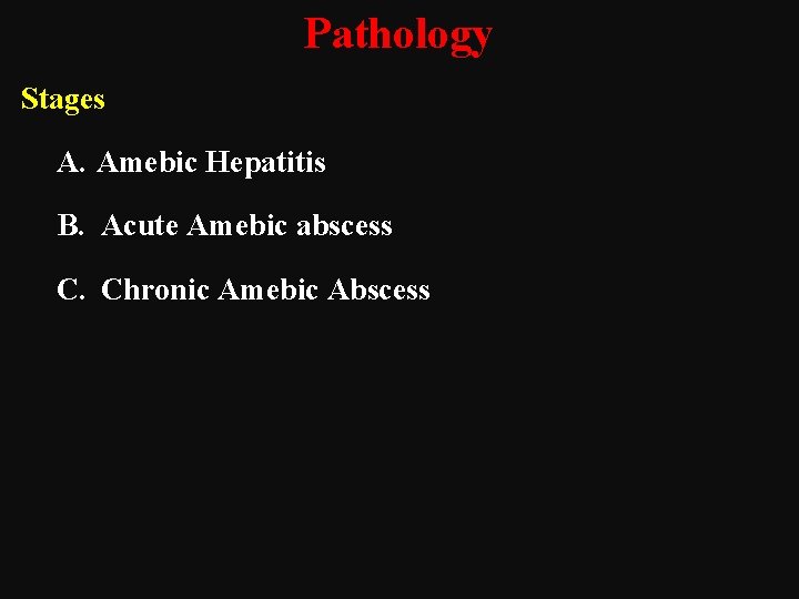Pathology Stages A. Amebic Hepatitis B. Acute Amebic abscess C. Chronic Amebic Abscess 