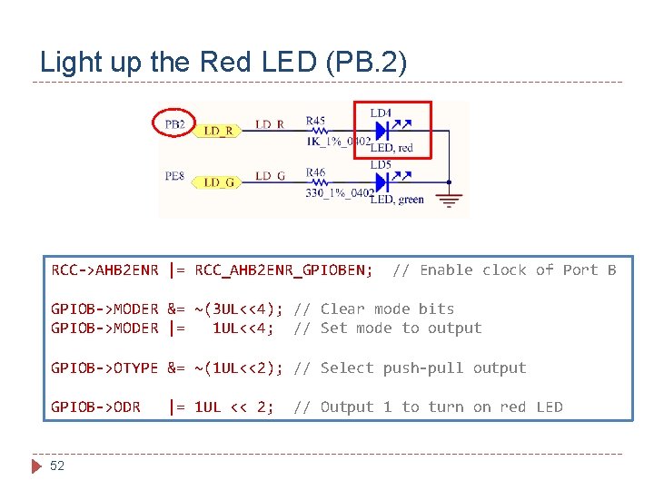 Light up the Red LED (PB. 2) RCC->AHB 2 ENR |= RCC_AHB 2 ENR_GPIOBEN;