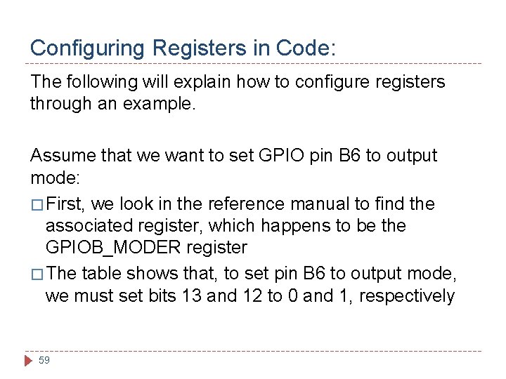Configuring Registers in Code: The following will explain how to configure registers through an