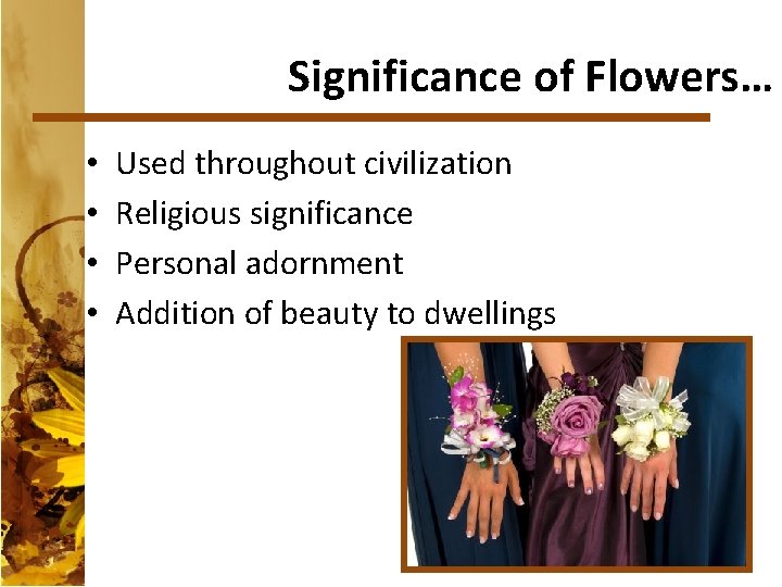 Significance of Flowers… • • Used throughout civilization Religious significance Personal adornment Addition of