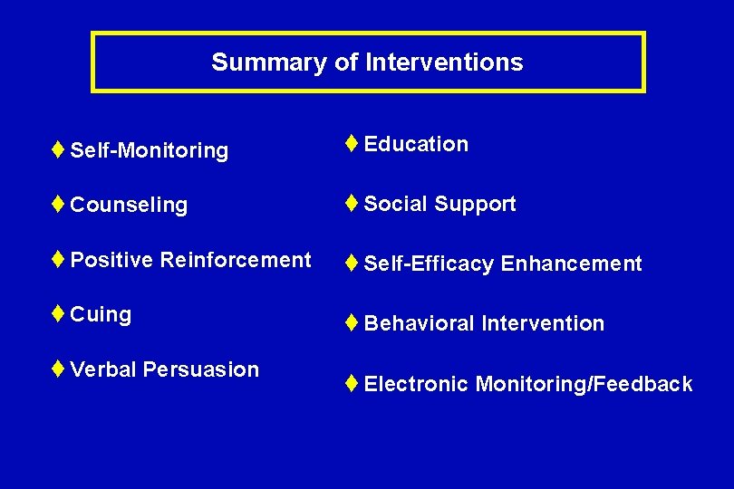 Summary of Interventions t Self-Monitoring t Education t Counseling t Social Support t Positive