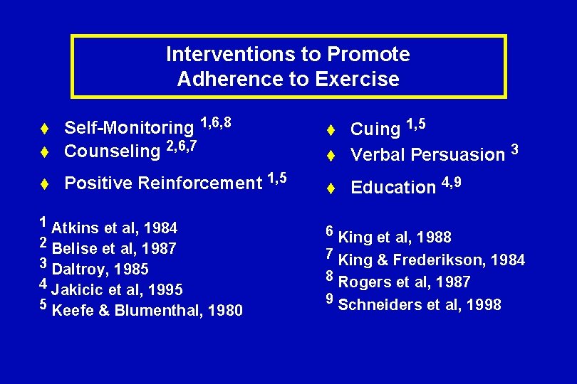 Interventions to Promote Adherence to Exercise t Self-Monitoring 1, 6, 8 Counseling 2, 6,