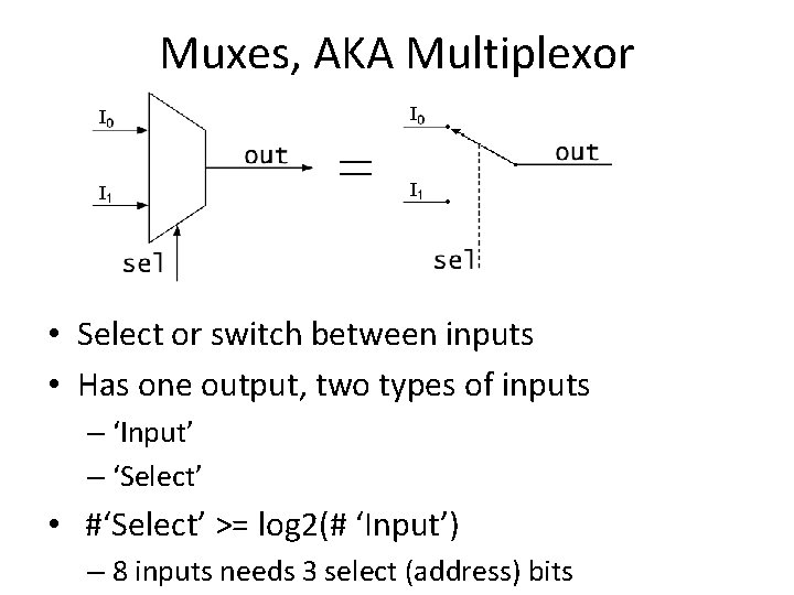 Muxes, AKA Multiplexor • Select or switch between inputs • Has one output, two