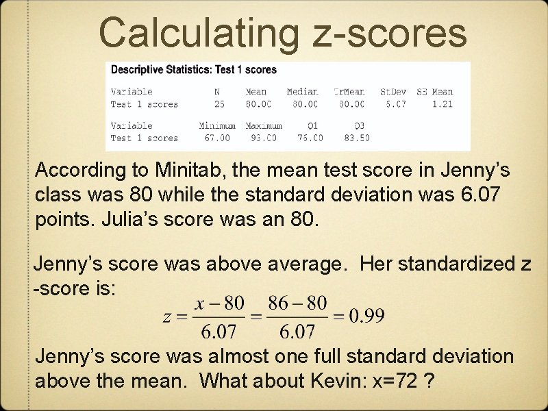Calculating z-scores According to Minitab, the mean test score in Jenny’s class was 80