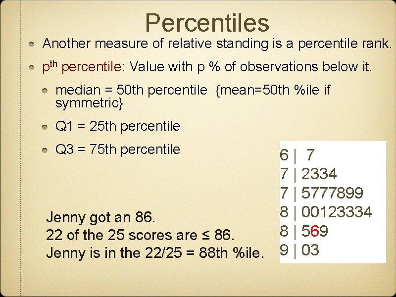 Percentiles Another measure of relative standing is a percentile rank. pth percentile: Value with