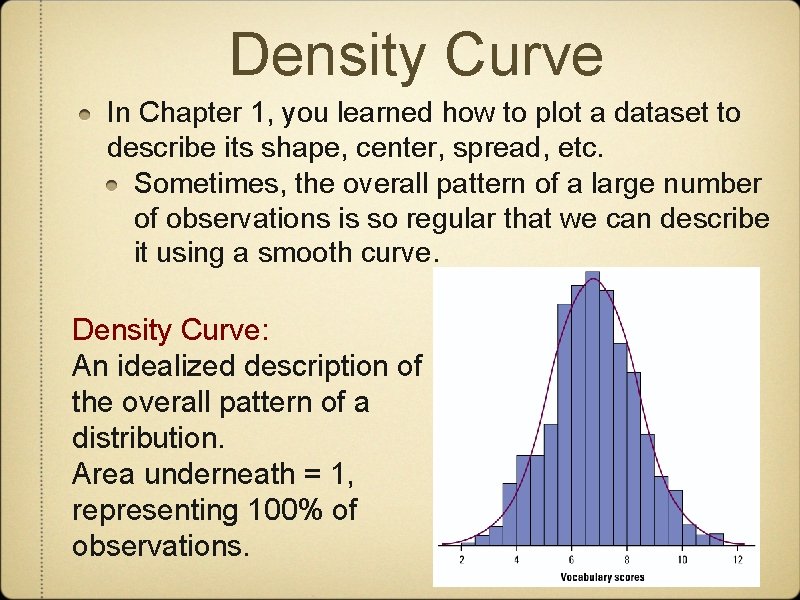 Density Curve In Chapter 1, you learned how to plot a dataset to describe