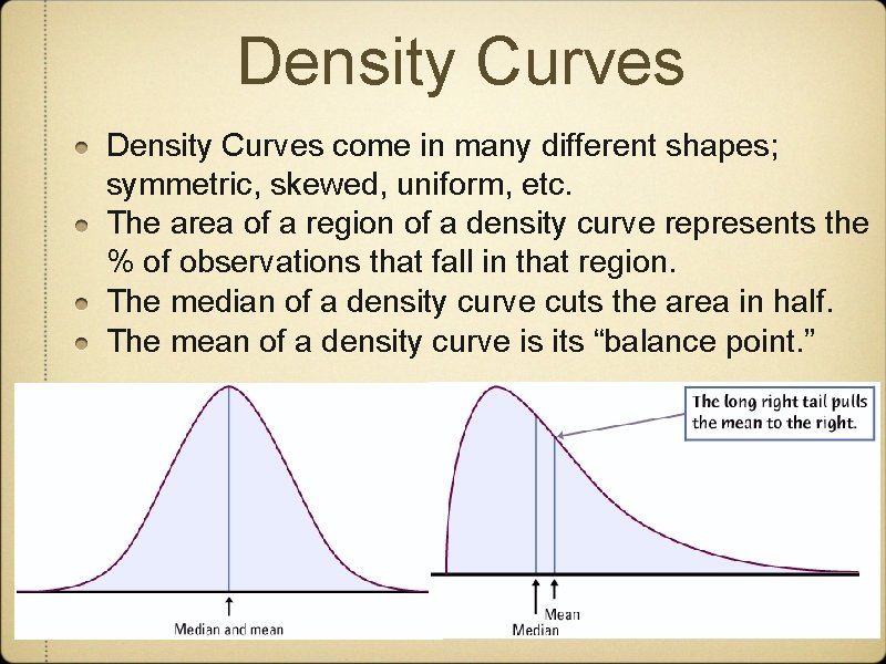 Density Curves come in many different shapes; symmetric, skewed, uniform, etc. The area of