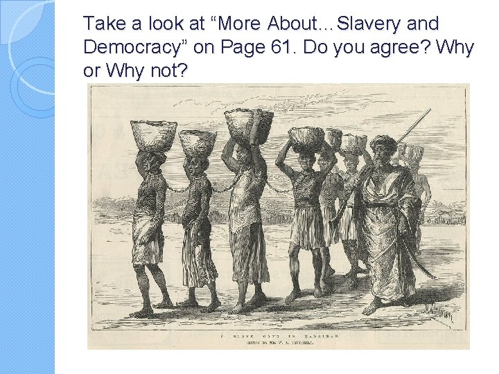 Take a look at “More About…Slavery and Democracy” on Page 61. Do you agree?