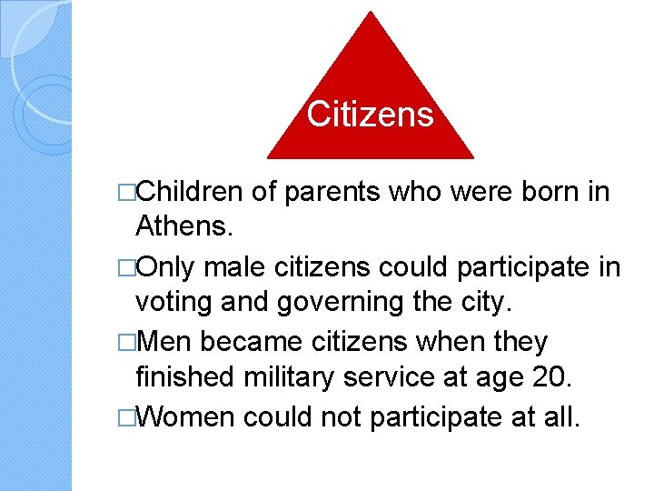 Citizens �Children of parents who were born in Athens. �Only male citizens could participate