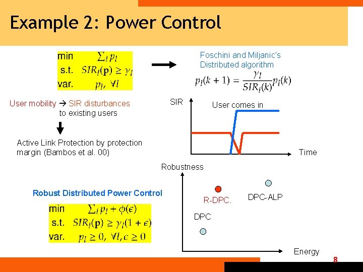 Example 2: Power Control Foschini and Miljanic’s Distributed algorithm SIR User mobility SIR disturbances