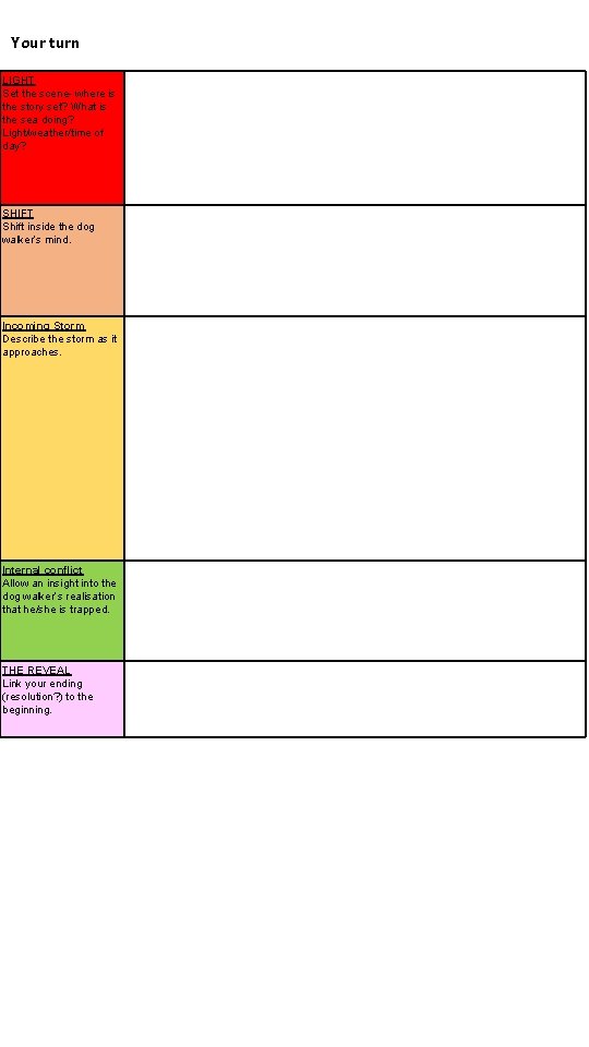 Your turn LIGHT Set the scene- where is the story set? What is the