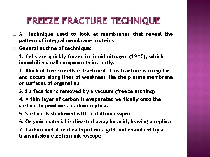 FREEZE FRACTURE TECHNIQUE � A technique used to look at membranes that reveal the