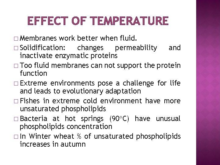 EFFECT OF TEMPERATURE � Membranes work better when fluid. � Solidification: changes permeability and