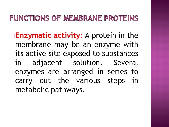 FUNCTIONS OF MEMBRANE PROTEINS �Enzymatic activity: A protein in the membrane may be an