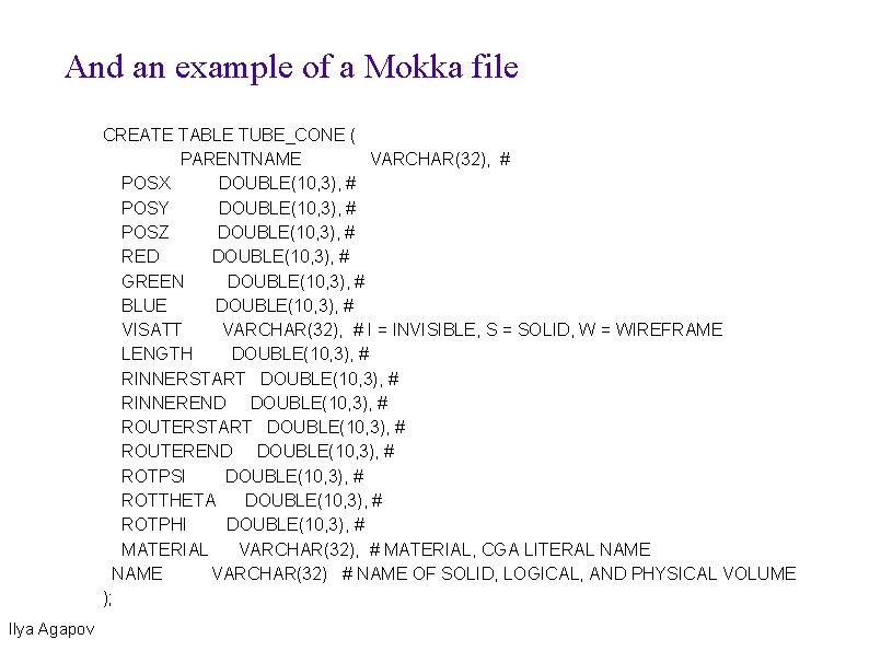 And an example of a Mokka file CREATE TABLE TUBE_CONE ( PARENTNAME VARCHAR(32), #