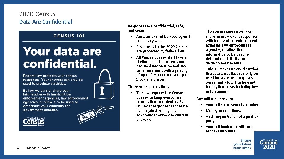 2020 Census Data Are Confidential Responses are confidential, safe, and secure. • Answers cannot