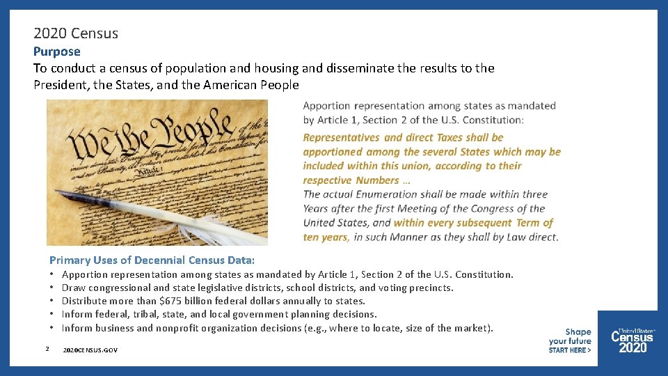 2020 Census Purpose To conduct a census of population and housing and disseminate the