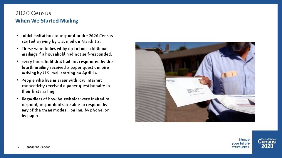 2020 Census When We Started Mailing • Initial invitations to respond to the 2020