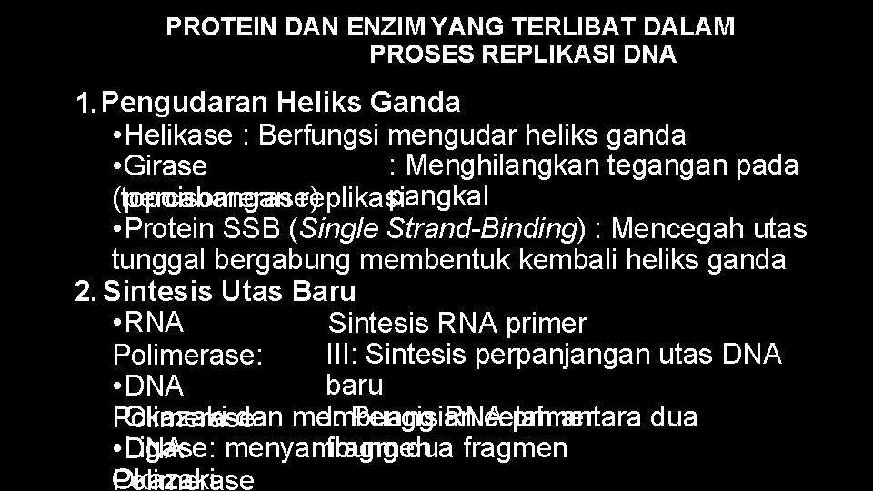 PROTEIN DAN ENZIM YANG TERLIBAT DALAM PROSES REPLIKASI DNA 1. Pengudaran Heliks Ganda •