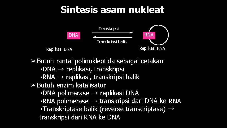 Sintesis asam nukleat Transkripsi RNA DNA Transkripsi balik Replikasi DNA Replikasi RNA ➢Butuh rantai