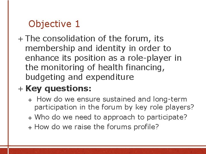 Objective 1 + The consolidation of the forum, its membership and identity in order