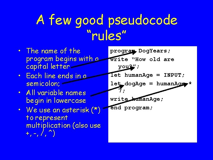 A few good pseudocode “rules” • The name of the program begins with a
