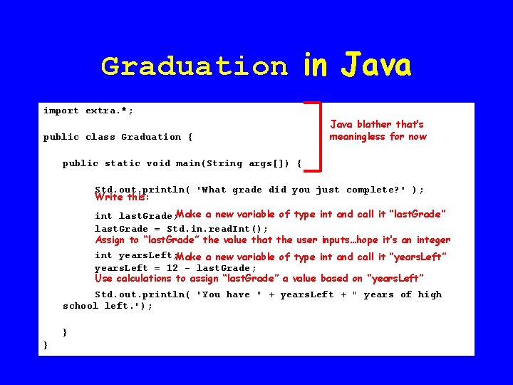 Graduation in Java import extra. *; public class Graduation { Java blather that’s meaningless