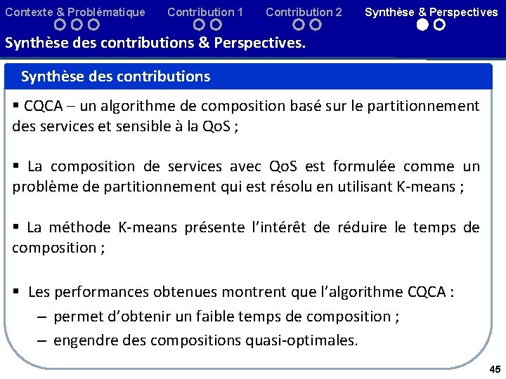 Contexte & Problématique Contribution 1 Contribution 2 Synthèse & Perspectives Synthèse des contributions &