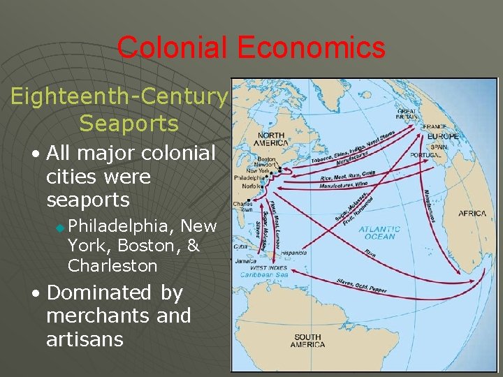 Colonial Economics Eighteenth-Century Seaports • All major colonial cities were seaports u Philadelphia, New