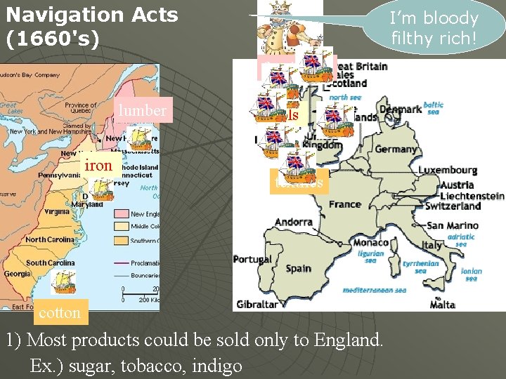 Navigation Acts (1660's) I’m bloody filthy rich! furniture lumber iron tools textiles cotton 1)