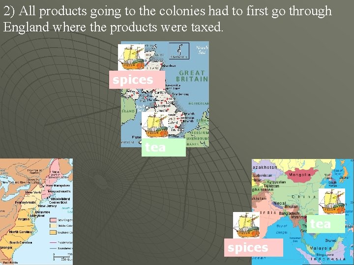 2) All products going to the colonies had to first go through England where
