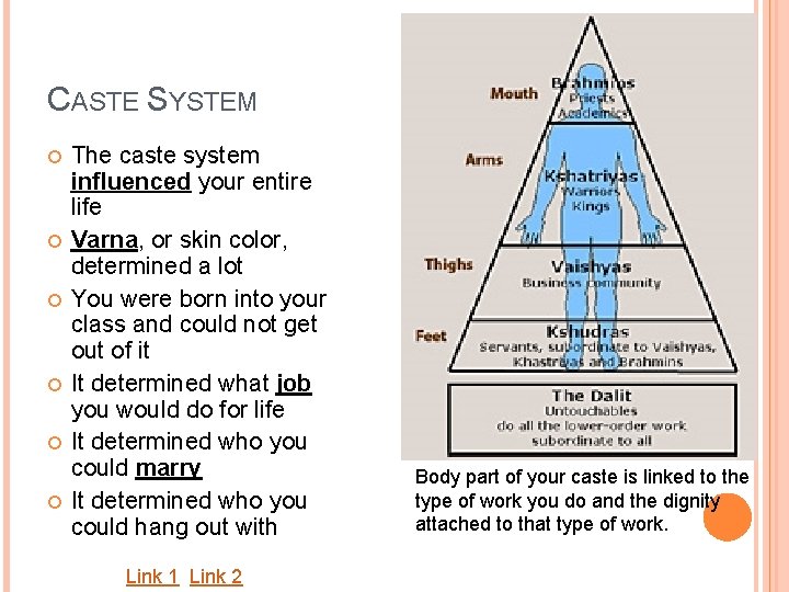 CASTE SYSTEM The caste system influenced your entire life Varna, or skin color, determined