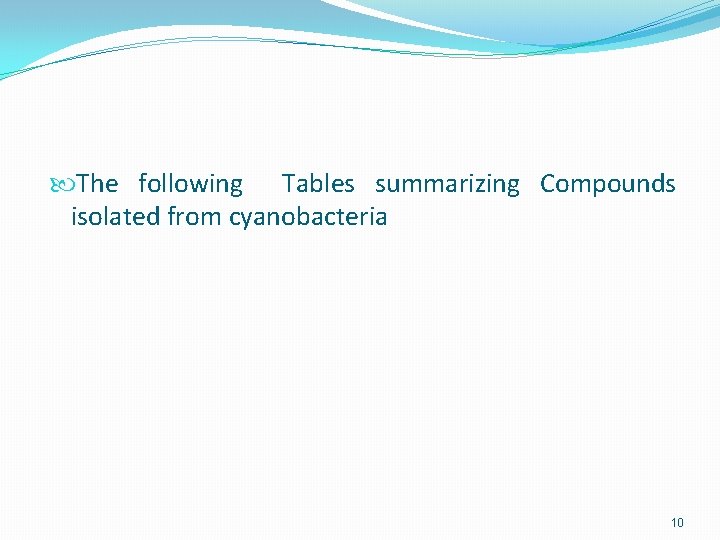  The following Tables summarizing Compounds isolated from cyanobacteria 10 