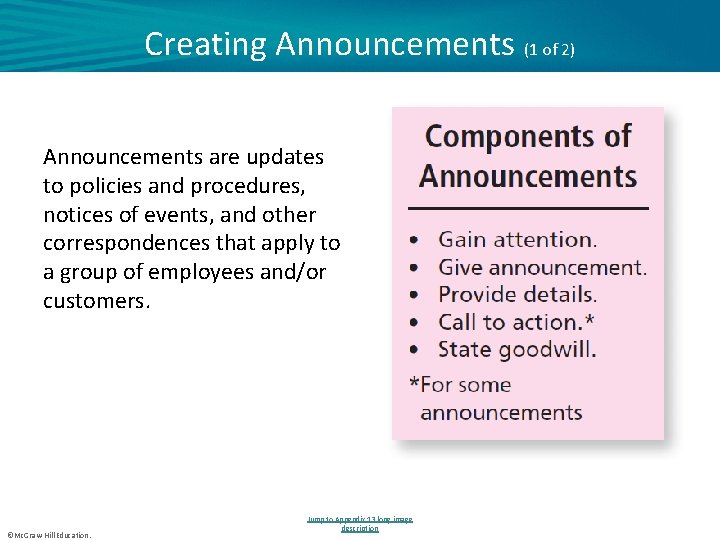 Creating Announcements (1 of 2) Announcements are updates to policies and procedures, notices of