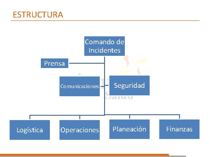 ESTRUCTURA Comando de Incidentes Prensa Comunicaciones Logística Operaciones Seguridad Salud Planeación Finanzas 