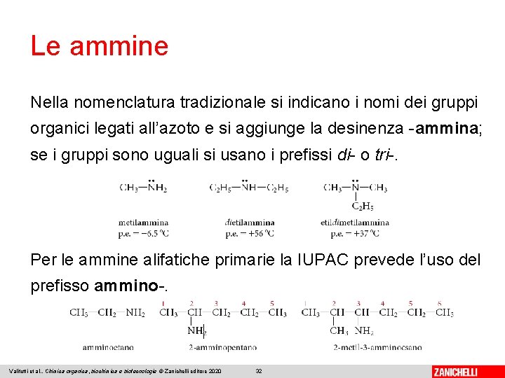 Le ammine Nella nomenclatura tradizionale si indicano i nomi dei gruppi organici legati all’azoto