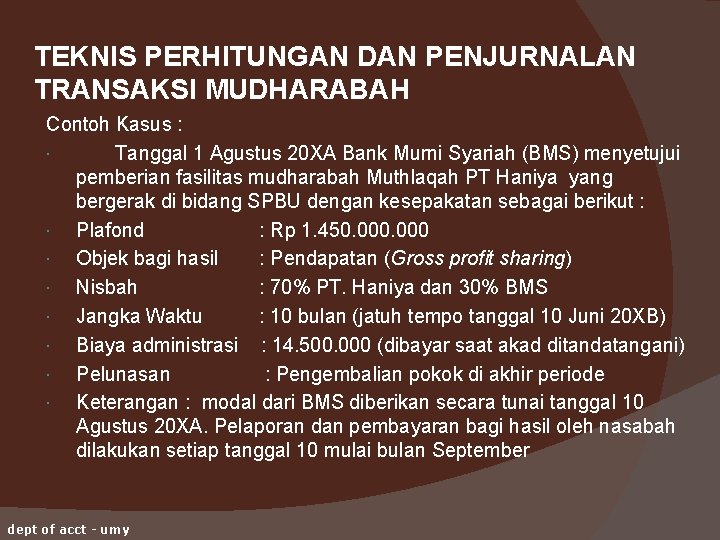 TEKNIS PERHITUNGAN DAN PENJURNALAN TRANSAKSI MUDHARABAH Contoh Kasus : Tanggal 1 Agustus 20 XA